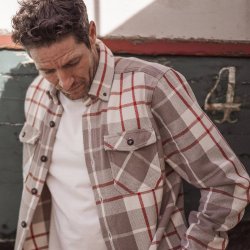 Beige Red Checks Heavy Twill Overshirt - Outdoor View 1 / 10